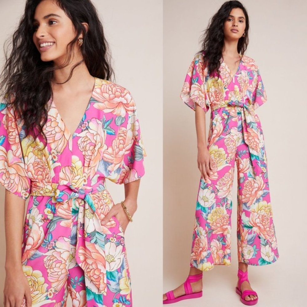 Floral Pink Wide-Leg Jumpsuit with Self-Tie Waist